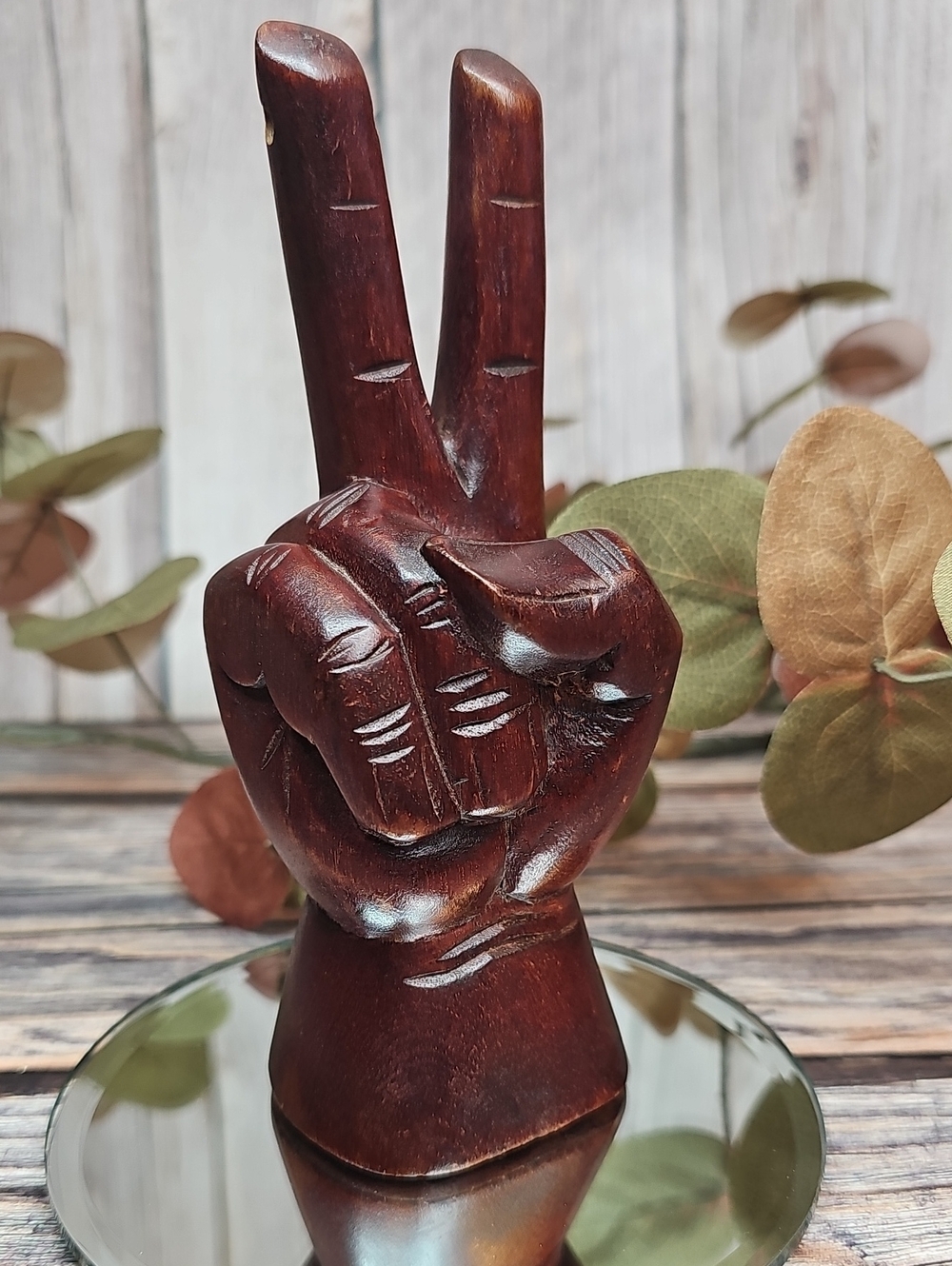 VINTAGE HAND CARVED WOODEN PEACE SIGN HAND SCULPTURE INCENSE HOLDER